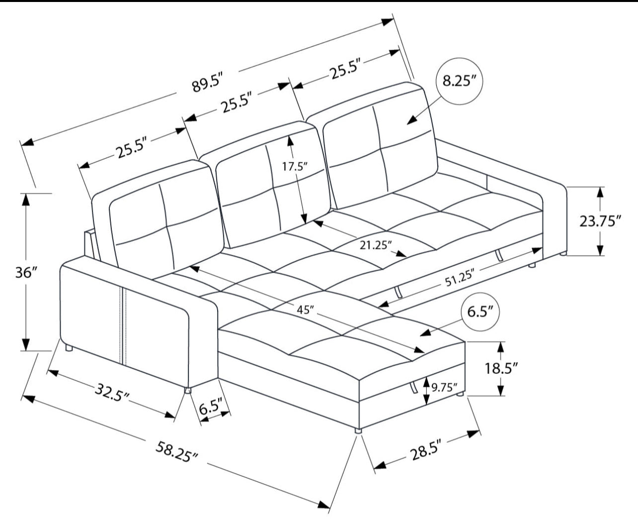 Hoku - Sofa Pull Out Bed with Reversible Storage Chaise in Grey