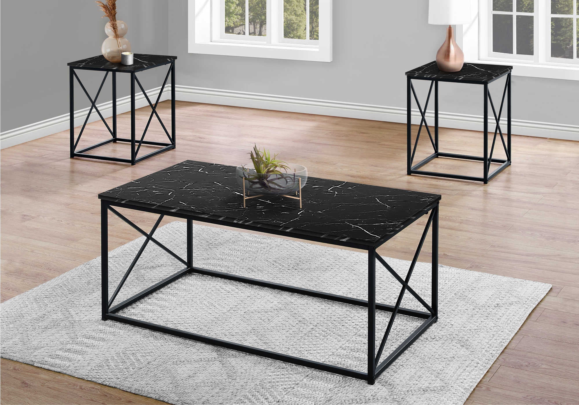 I 7954P - TABLE SET - 3PCS SET / BLACK MARBLE / BLACK METAL BY MONARCH SPECIALTIES INC