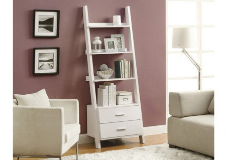 I 2562 - WHITE 69″H LADDER BOOKCASE WITH 2 STORAGE DRAWERS BY MONARCH SPECIALTIES INC