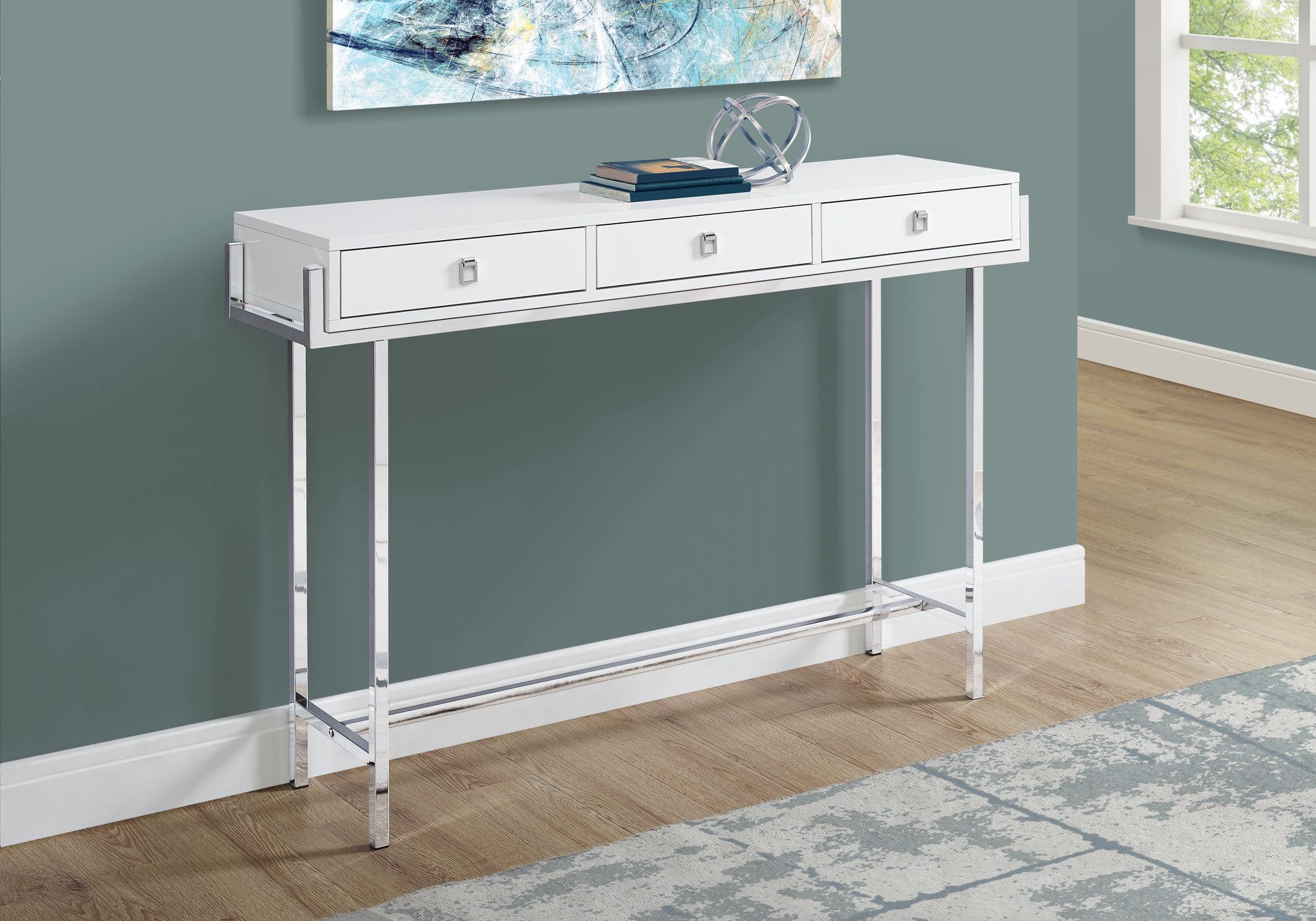 I 3297 - ACCENT TABLE - 48"L / GLOSSY WHITE / CHROME METAL by Monarch Specialties Inc